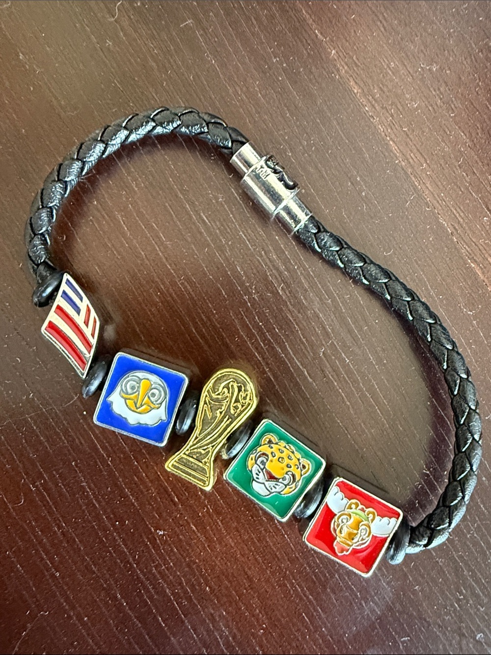 2026 FIFA WORLD CUP Black Braided Leather Bracelet with Colorful Enamel Charms
